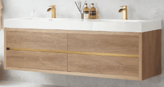 A modern wall-mounted double bathroom vanity featuring a light wood finish cabinet, an integrated white composite countertop with two rectangular sinks, and matte gold single-hole faucets. The cabinet provides storage with four pull-out drawers, each equipped with a subtle matte gold horizontal handle. — 3D model