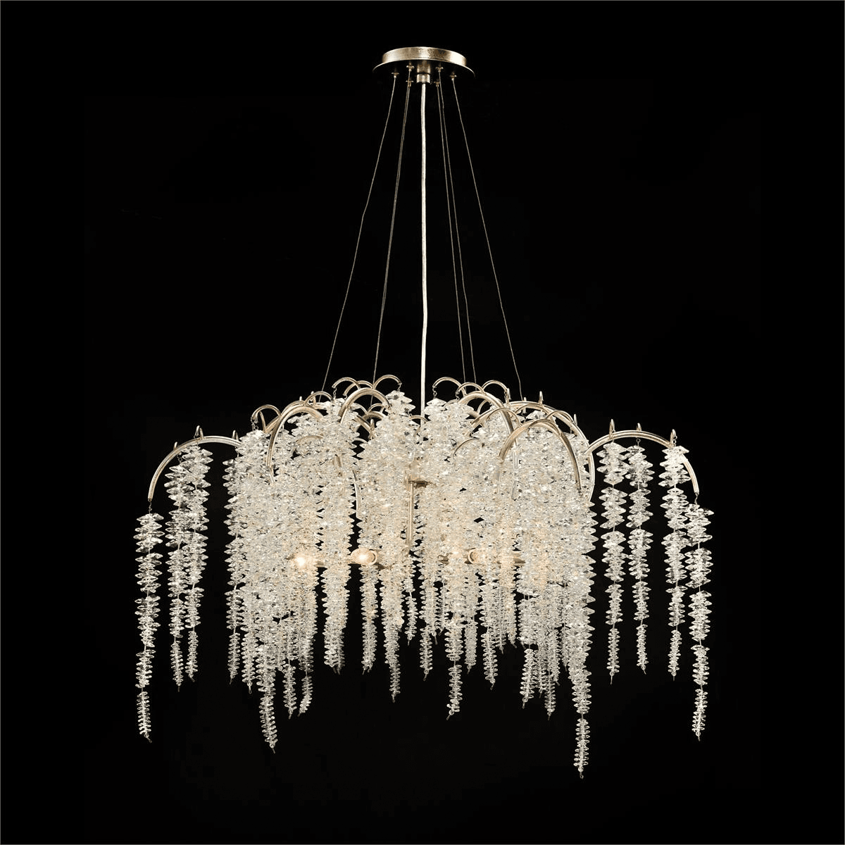 A chandelier designed to mimic cascading foliage, featuring a metallic frame from which numerous strands of clear, crystalline elements hang. The overall form is reminiscent of weeping willow branches or icicles, with light sources integrated within the upper structure to illuminate the decorative elements. — 3D model