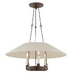 A transitional chandelier featuring a wide, conical fabric shade in a light, neutral color, suspended by dark metal rods and chains. Beneath the shade, three candle-style light fixtures are arranged around a circular dark metal frame. — 3D model