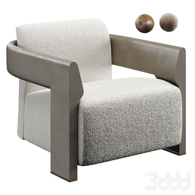 A contemporary armchair featuring a textured boucle upholstery in an off-white color. The armchair has a distinctive design with angular, wide armrests and a backrest that appears to be a single, continuous piece. The armrests are constructed from a smooth, solid material, possibly wood or a composite, finished in a muted taupe or grey tone. The base and legs are integrated into the armrest structure and are of a similar material and color. — 3D model