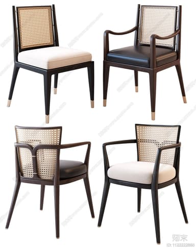 A modern dining chair featuring a dark-stained wooden frame, a woven cane back panel, and a thick, upholstered seat cushion in a light, neutral fabric. The chair has a minimalist profile with subtly tapered legs, accented with metallic caps at the feet. — 3D model