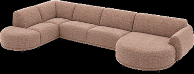 A large, U-shaped sectional sofa upholstered in a textured light brown fabric. It features a modular design with individual backrest and seat cushions. One end terminates in a rounded chaise lounge, while the other has a rounded armrest. The entire piece sits on small, black, low-profile feet, contributing to its modern aesthetic. — 3D model