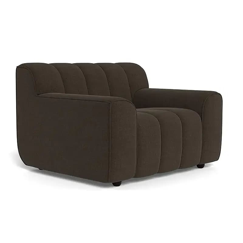 A single-seater armchair upholstered in dark brown fabric, featuring prominent vertical channel tufting on the backrest and seat. It has wide, rounded armrests and a plush, low-profile silhouette. — 3D model