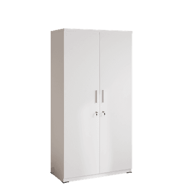 A tall, rectangular white storage cabinet featuring two full-height hinged doors. The doors are equipped with silver-colored cylindrical pull handles and individual locking mechanisms, indicated by visible keyholes and keys. The cabinet has a minimalist, functional design and rests on a low, recessed base with small black feet. — 3D model