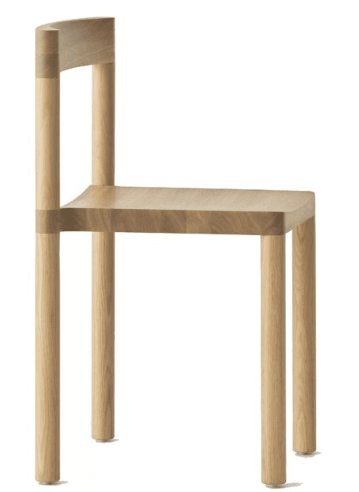 A minimalist wooden chair with a solid seat and a tall, straight backrest. The chair features four cylindrical legs and a slender frame. The wood grain is visible, indicating a natural finish. The design is simple and modern. — 3D model