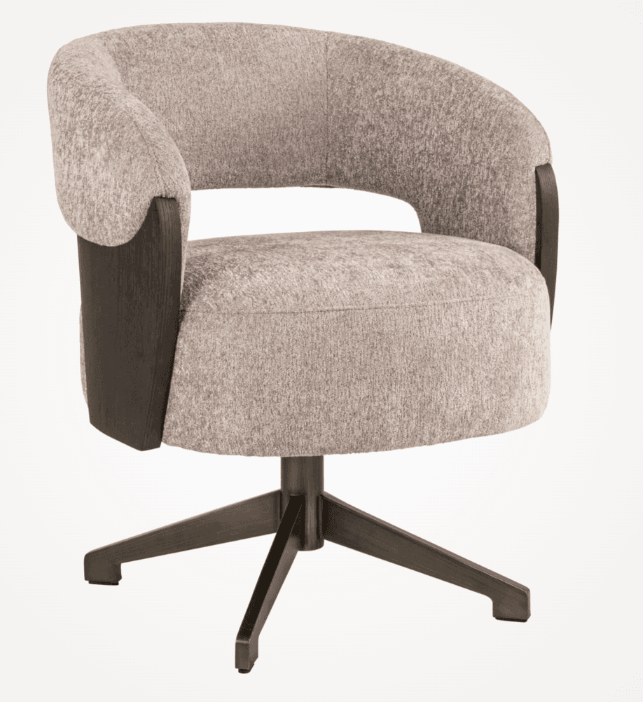 A modern accent chair with a curved backrest and armrests. The chair features a upholstered seat and back, with dark wooden accents on the sides and a brushed metal swivel base with four splayed legs. — 3D model