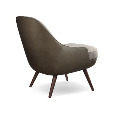 A modern accent chair with a low profile and a curved silhouette. The chair features a two-tone upholstery design, with a textured fabric on the seat and backrest, and a smooth, darker material on the outer shell and armrests. It is supported by four tapered wooden legs that angle outwards. — 3D model