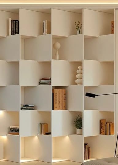 A freestanding modern cube storage unit, rendered in a clean white finish, designed with multiple square compartments arranged in a grid pattern. Some compartments are filled with books, small plants, and decorative objects, indicating its use for display and storage. The unit features open backs for its cubbies and appears to be a modular or fixed-grid design. — 3D model