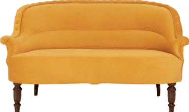 A traditional style armchair upholstered in a rich yellow velvet fabric. The chair features distinct rolled arms and a rolled crest rail on the backrest. It has four wooden legs, with a visibly turned leg at the front and a tapered leg at the rear. — 3D model