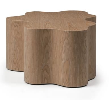 A low, organic-shaped coffee table made of light-colored wood. The table features a wavy, curvilinear outline for both its top surface and its solid block-like base, giving it a sculptural appearance. Dimensions are indicated as 90 cm wide, 72 cm deep, and 40 cm high. The wood grain is visible throughout its surface. — 3D model
