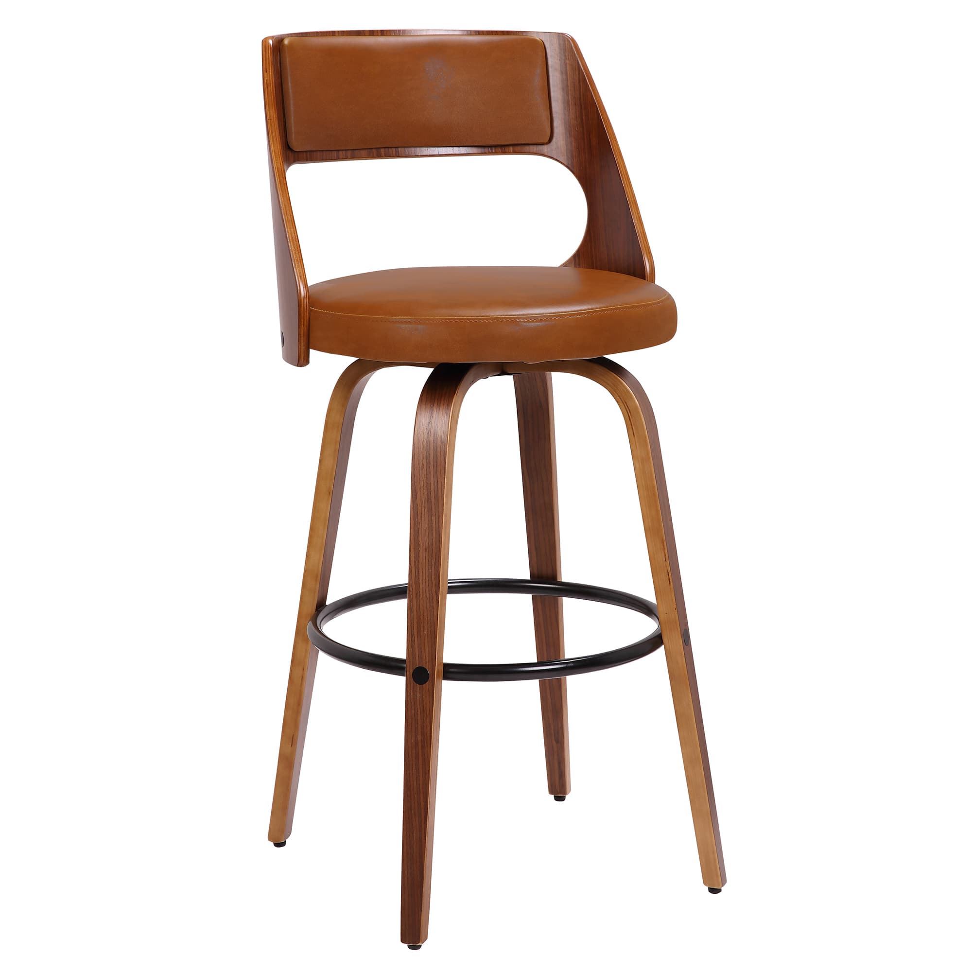 A mid-century modern style swivel bar stool featuring a bentwood frame, upholstered seat and backrest, and a circular metal footrest. The frame and legs are made of wood with a walnut finish, supporting a comfortable, padded seat and an open backrest in warm brown faux leather. The stool includes a swivel mechanism and is designed for elevated seating. — 3D model