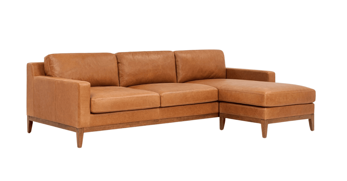 A contemporary right-facing sectional sofa featuring cognac-colored leather upholstery and an exposed solid wood frame. It has loose back and seat cushions, wide squared arms, and tapered wooden legs. — 3D model