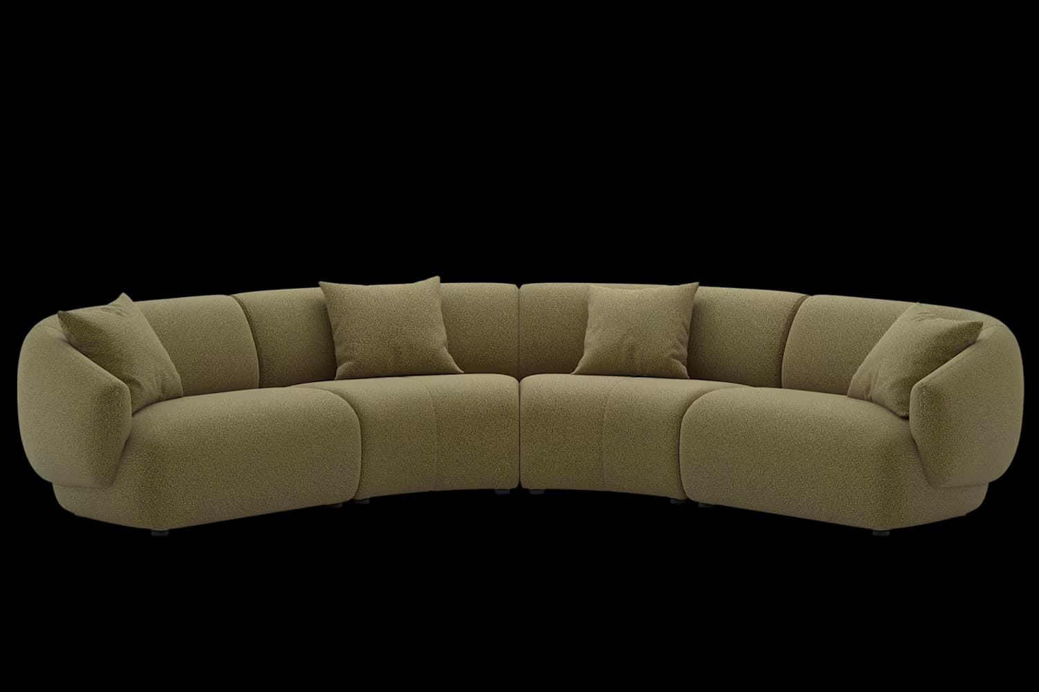 A large, contemporary curved modular sectional sofa upholstered in a textured, olive-green boucle fabric. The sofa features a plush, rounded design with low-profile feet and includes several matching throw pillows. Its modular construction allows for flexible arrangements. — 3D model