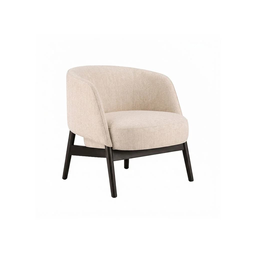 A modern accent chair with a curved back and integrated armrests, upholstered in a textured light beige fabric. The chair features a dark wood base with four tapered legs. — 3D model