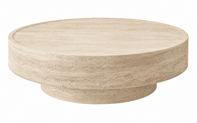 A low, round coffee table constructed from light-colored travertine, featuring a solid, cylindrical base and a slightly larger, circular top with a subtle raised lip. — 3D model