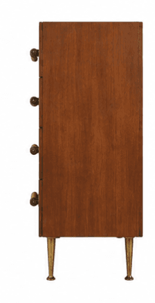 A mid-century modern style chest of drawers featuring four stacked drawers, each with a distinctive wrapped cylindrical handle, supported by slender, tapered brass legs. — 3D model