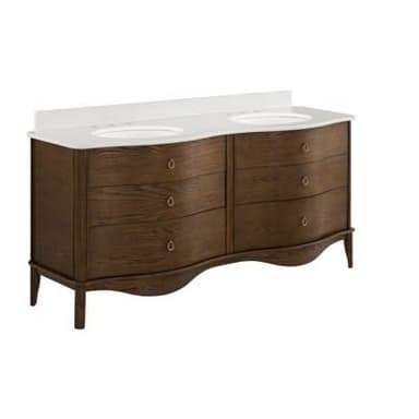 A long, double sink bathroom vanity featuring a dark brown wooden cabinet with a curved front design, six drawers, and a white engineered stone countertop with integrated ceramic undermount sinks. It stands on short, tapered legs. — 3D model