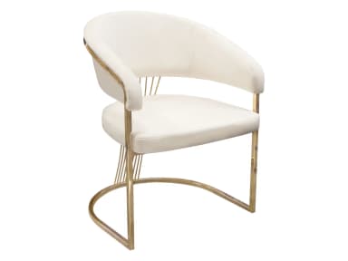 A contemporary accent chair featuring a polished gold-finished metal frame and cream-colored upholstered seat and backrest. The chair has a distinctive curved silhouette with an open, fanned wire-rod design on the back, while the front legs form a continuous U-shape. — 3D model
