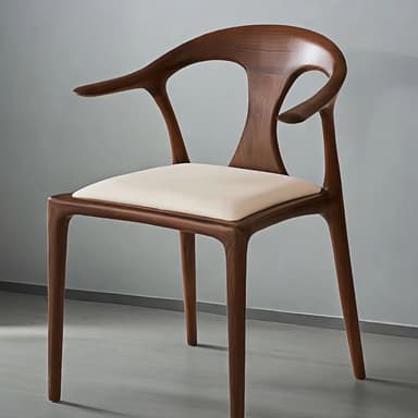 A modern wooden dining armchair with a sculptural dark brown frame and an upholstered cream-colored seat cushion. The backrest and armrests are integrated into a single, flowing design. — 3D model