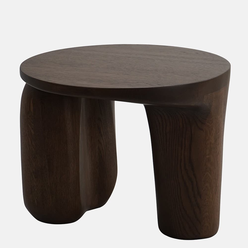 A dark brown wooden end table with a circular top and three organically shaped, curved legs that are thicker at the base and taper slightly towards the top. The wood grain is visible, suggesting it is a solid wood construction. The overall design is modern and sculptural. — 3D model