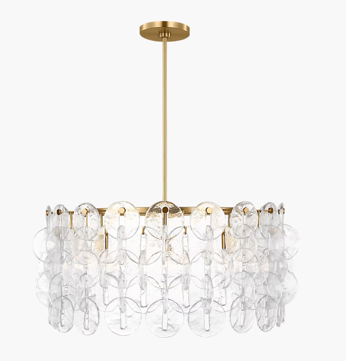 A contemporary chandelier featuring a circular tiered design with multiple translucent glass discs suspended from a polished brass frame. The glass discs have an irregular texture and appear to be made of hammered or seeded glass, creating a diffused light effect. The main support structure and ceiling canopy are made of polished brass, providing a warm metallic contrast to the clear glass. — 3D model