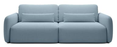 A light blue upholstered two-seater sofa with soft, rounded contours, featuring two seat cushions, two back cushions, and two matching cylindrical bolster pillows. — 3D model