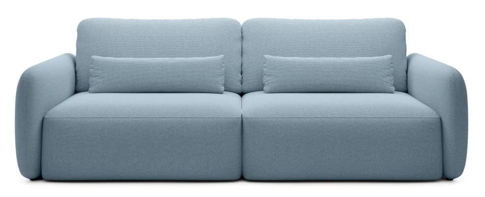 A light blue upholstered two-seater sofa with soft, rounded contours, featuring two seat cushions, two back cushions, and two matching cylindrical bolster pillows. — 3D model