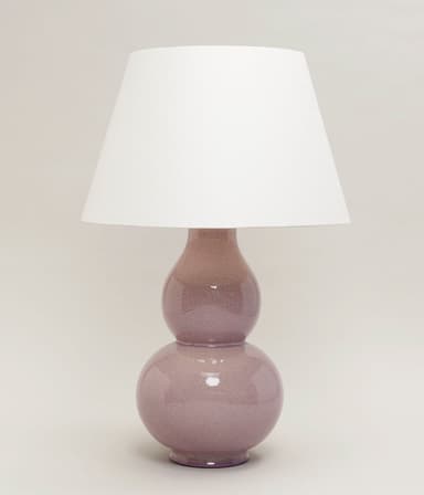 A table lamp featuring a double gourd-shaped ceramic base with a craquelure finish, topped by a white conical fabric shade. The base exhibits a muted lilac or lavender color with a distinct crackled glaze pattern. — 3D model