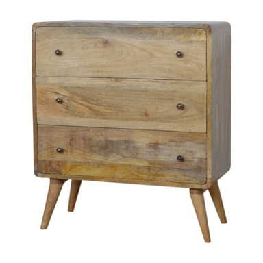 A wooden chest of drawers with a distinctive segmented front panel and four tapered legs. The wood exhibits natural grain patterns and color variations, with some horizontal bands of lighter and darker shades, including a notable pinkish-orange band. The piece has rounded vertical edges. — 3D model