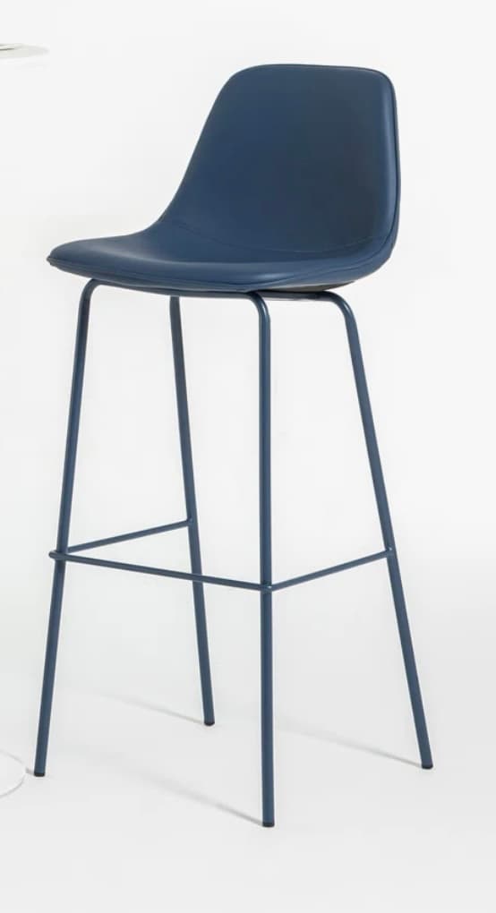 A dark blue bar stool featuring a sculpted, shell-like seat and back combination upholstered in a smooth, matte material. It rests on a minimalist four-legged tubular metal frame, painted to match the seat, and includes two horizontal footrest bars for comfort and stability. The design is clean and modern. — 3D model