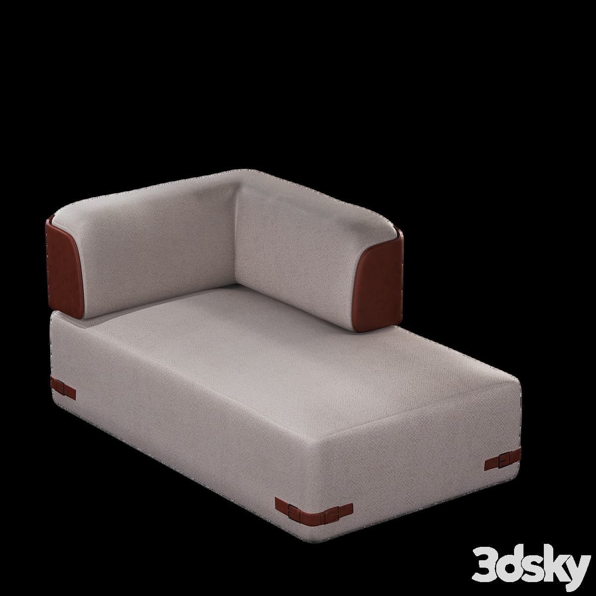 A modern, low-profile upholstered chaise lounge featuring a light grey textile fabric. It has a distinctive L-shaped backrest and armrest on one side. The ends of the backrest/armrest are accented with dark brown leather, as are the decorative buckle-like straps wrapping around the lower edge of the chaise's base on all visible sides. — 3D model