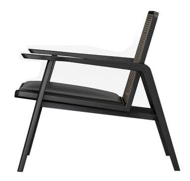 A modern armchair with a dark wood frame and cane back. The seat is upholstered in black material, likely leather or faux leather. The frame has clean lines, with angled legs and armrests. — 3D model