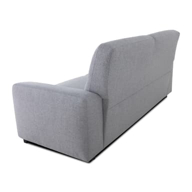 A contemporary three-seater sofa upholstered in a light grey textured fabric, featuring clean lines, track arms, and segmented back cushions. — 3D model