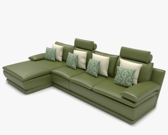 A contemporary sectional sofa with a chaise lounge. It features a modular design with multiple seating sections and adjustable headrests. The sofa is upholstered in a smooth, matte green material and comes with several decorative throw pillows in complementary colors and patterns. — 3D model