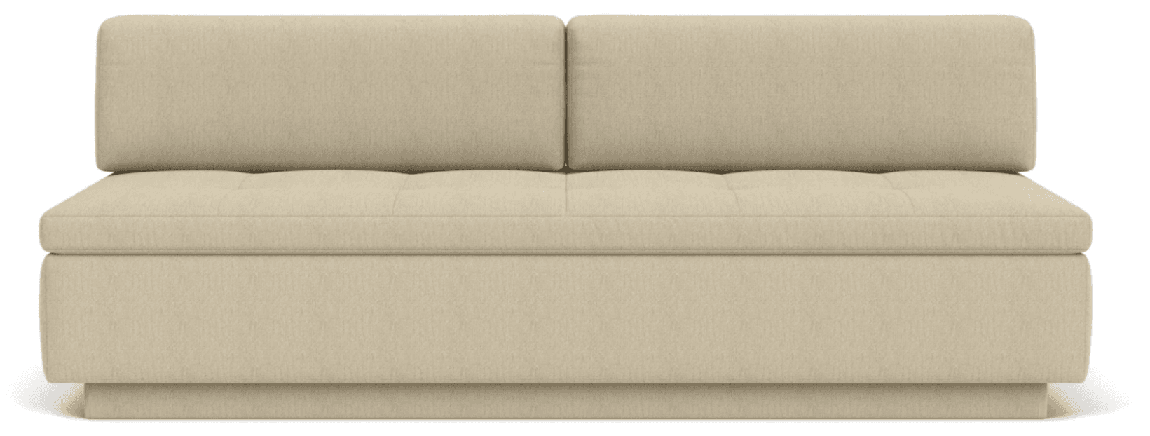 An armless two-seater sofa upholstered in light beige textured fabric, featuring a clean, contemporary design with loose back cushions and a subtly tufted seat. It rests on a recessed plinth base, giving it a solid and minimalist appearance. — 3D model