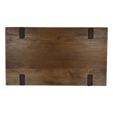 A rectangular, low-profile coffee table made of solid wood, featuring a thick tabletop and two substantial block-style legs, with visible dark metal or leather-like accents securing the top to the legs. The legs have a subtle textured finish. — 3D model