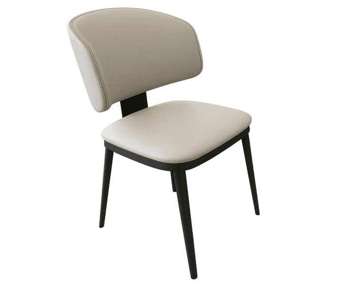 A contemporary dining chair featuring a light-colored upholstered seat and a curved backrest, supported by a dark-finished metal frame and tapered legs. — 3D model
