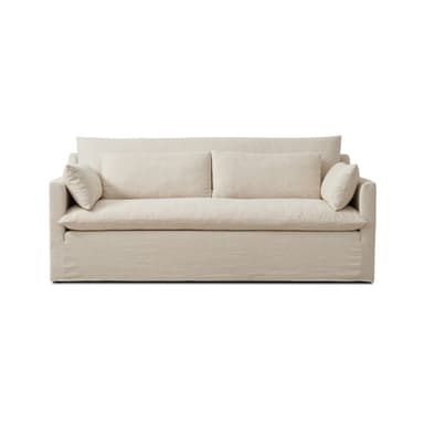 A sofa viewed from the back. It features a simple, modern design with clean lines. The sofa has a low profile and is upholstered in a textured, light-colored fabric. — 3D model