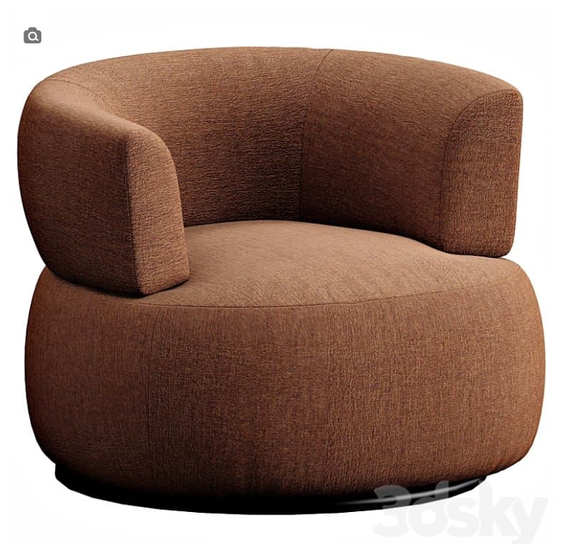 A contemporary barrel-shaped swivel armchair, fully upholstered in a textured terracotta brown fabric. It features a continuous, rounded backrest that flows into integrated armrests, and a circular seat, all resting on a concealed swivel base. — 3D model
