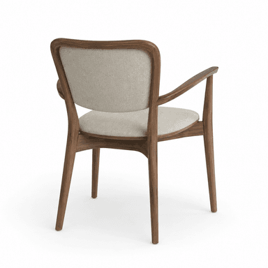 A contemporary wooden armchair with an upholstered seat and backrest, featuring a warm-toned wooden frame and light-colored fabric. — 3D model