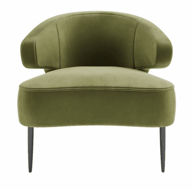 A modern armchair with a rounded back and integrated armrests, upholstered in a soft, olive-green velvet fabric. The chair features a plush seat cushion and a contoured backrest. It is supported by four slender, tapered legs in a dark finish. — 3D model