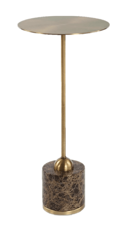 A contemporary end table featuring a round, flat top supported by a slender, cylindrical metal stem. The stem is attached to a decorative spherical element that connects to a cylindrical base. The base has a marble-like finish with brown and gold veining, and a metallic trim at its bottom. — 3D model