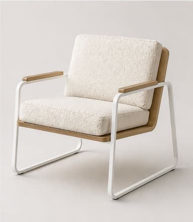 A modern armchair featuring a tubular metal frame in white, supporting a seat and back cushion upholstered in a textured, off-white fabric. The armrests are capped with light-colored wood, and the base incorporates curved wooden elements. — 3D model