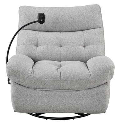A contemporary upholstered recliner in a light grey fabric, featuring a button-tufted backrest and seat, generously padded armrests, and a black circular swivel base. An adjustable black arm with a clip-like attachment extends from the side of the chair, suggesting a holder for a device or task light. — 3D model