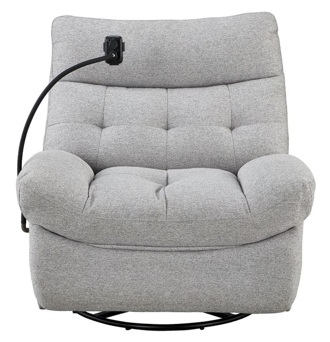 A contemporary upholstered recliner in a light grey fabric, featuring a button-tufted backrest and seat, generously padded armrests, and a black circular swivel base. An adjustable black arm with a clip-like attachment extends from the side of the chair, suggesting a holder for a device or task light. — 3D model