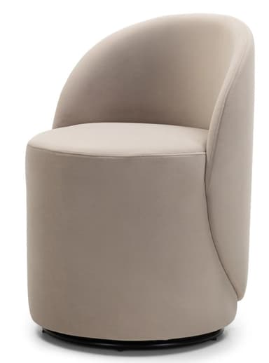 A contemporary armchair with a rounded silhouette. The chair features a curved backrest that seamlessly transitions into armrests, and a fixed, circular seat. The base appears to be a swivel mechanism. — 3D model