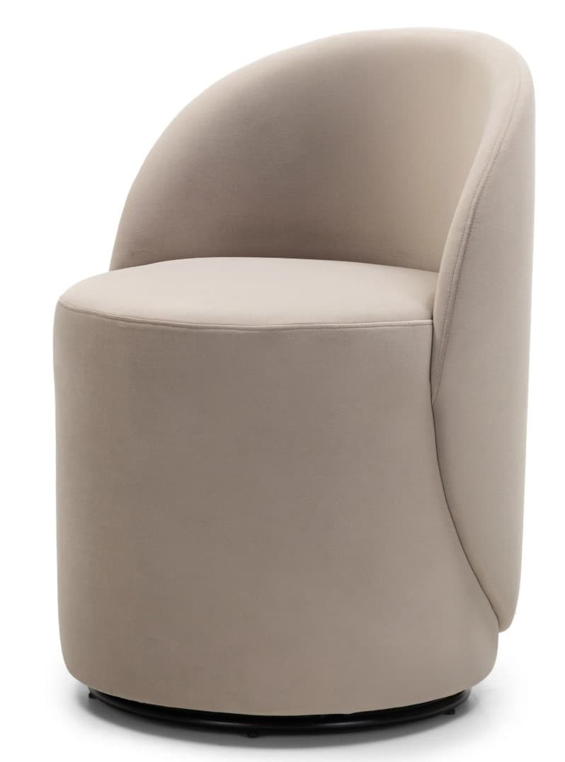 A contemporary armchair with a rounded silhouette. The chair features a curved backrest that seamlessly transitions into armrests, and a fixed, circular seat. The base appears to be a swivel mechanism. — 3D model