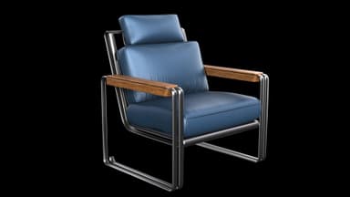 A modern lounge chair featuring a polished tubular steel frame, deep blue leather upholstered cushions for the seat, backrest, and headrest, and wooden armrest caps. — 3D model