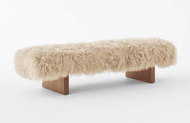 A contemporary bench featuring a long, cylindrical seating surface fully upholstered in white, shaggy faux fur. The bench is supported by two minimalist rectangular wooden slab legs, positioned near each end of the upholstered top. — 3D model