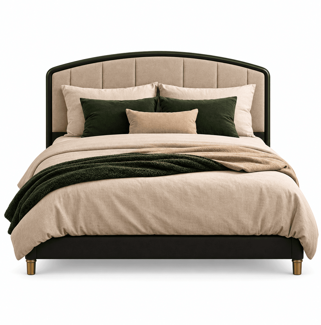 A contemporary platform bed featuring a gently arched, upholstered headboard with vertical channel tufting in a light beige fabric, framed by a dark, possibly wooden or metal, border. The low-profile bed frame is also upholstered in a dark material, supported by four slender, tapered legs with a brass finish. The bed is adorned with coordinated beige bedding, dark green pillows, and a textured green throw blanket. — 3D model